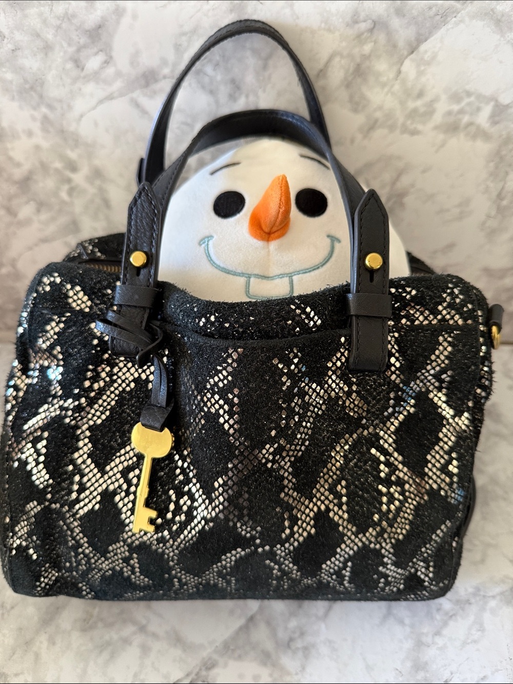 FOSSIL Black and Gold Snake-Print Satchel Handbag and squishmallow